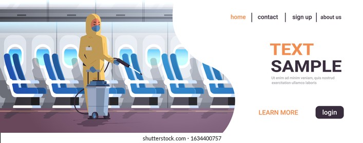 Specialist In Hazmat Suit Cleaning And Disinfecting Airplane For Epidemic MERS-CoV Virus Wuhan Coronavirus 2019-nCoV Pandemic Medical Health Risk Concept Plane Interior Horizontal Copy Space Vector