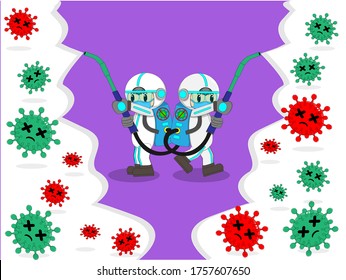 specialist in hazmat suit cleaning disinfecting corona virus cells epidemic,pandemic health risk illustration vector