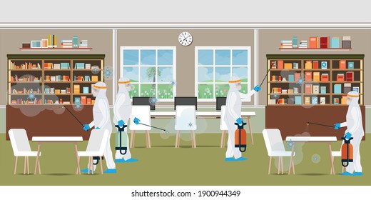 Specialist in hazmat suit cleaning and disinfecting coronavirus cells at the library, epidemic covid 19 concept pandemic health risk vector illustration.