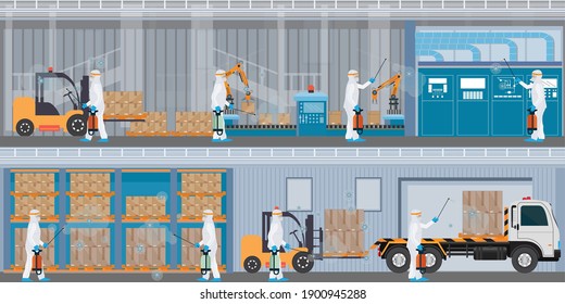 Specialist in hazmat suit cleaning and disinfecting coronavirus cells at the the factory, public transport. epidemic covid 19 concept pandemic health risk vector illustration.