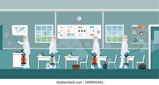 Specialist in hazmat suit cleaning and disinfecting coronavirus cells at the classroom, public transport. epidemic covid 19 concept pandemic health risk vector illustration.