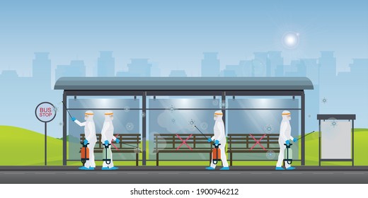 Specialist In Hazmat Suit Cleaning And Disinfecting Coronavirus Cells At The Bus Station, Public Transport. Epidemic Covid 19 Concept Pandemic Health Risk Vector Illustration.