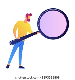 IT specialist holding hude magnifying glass. Analysis and statistics, data research and SEO optimization, search technologyand investigation concept. Isolated on white background.