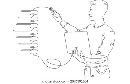 Un especialista en tecnología de la información sostiene un portátil. Centro de datos, gabinete de servidor. Tecnologías digitales. Trabajar con el servidor. Una línea continua .Un logotipo de línea de dibujo continua aisló una ilustración mínima.