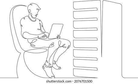 IT specialist is holding a laptop. Data center, server cabinet. Digital technologies. Working with the server. One continuous line .One continuous drawing line logo isolated minimal illustration.