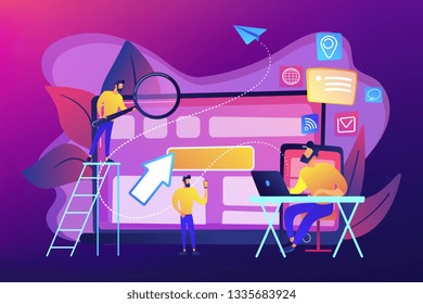 El especialista en TI identifica a los usuarios a través del móvil y la tablet. Seguimiento y capacidad de dispositivos cruzados, uso de dispositivos cruzados en el fondo ultravioleta. Ilustración aislada del vector violeta brillante brillante brillante brillante