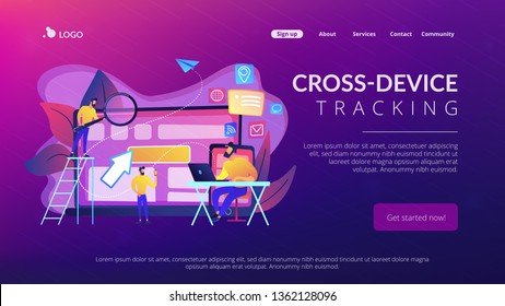 IT specialist identify user across mobile, laptop and tablet. Cross-device tracking and capability, cross-device using concept on white background. Website vibrant violet landing web page template.