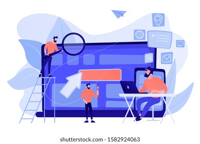IT specialist identify user across mobile, laptop and tablet. Cross-device tracking and capability, cross-device using concept on white background. Pinkish coral bluevector isolated illustration