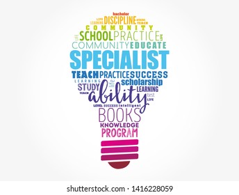 SPECIALIST light bulb word cloud collage, education concept background