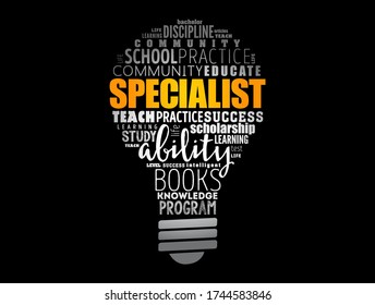 SPECIALIST light bulb word cloud collage, education concept background