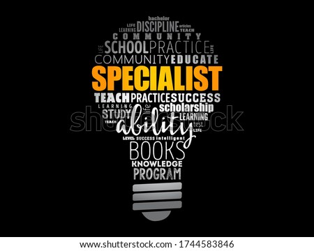 SPECIALIST light bulb word cloud collage, education concept background