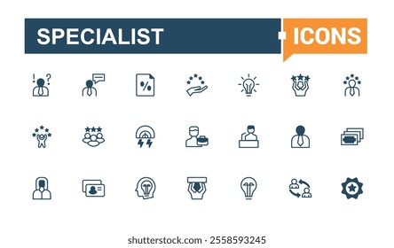 Specialist line web icon set. Featuring service, consultant, development, specific, mastery, life events, help, expertise. Minimalistic web and UI icons. Editable vector outline and solid icons.