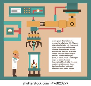 Specialist looks after the work process, a thoughtful pose. Robotic system technological process. The engineer and his work. Experimentation in the workplace. Vector illustration
