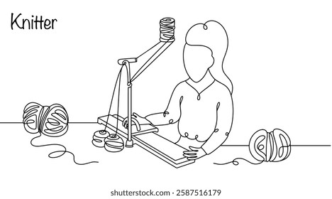 Specialist in machine knitting of clothing, accessories and textiles. A woman works with a knitting machine. Speeding up the knitting process with the help of technology. Simple line illustration.