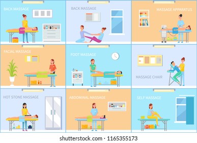 Specialist massaging back and foot, face and body of client lying on couch. Medical massage session in room with equipment cartoon vector banner set.