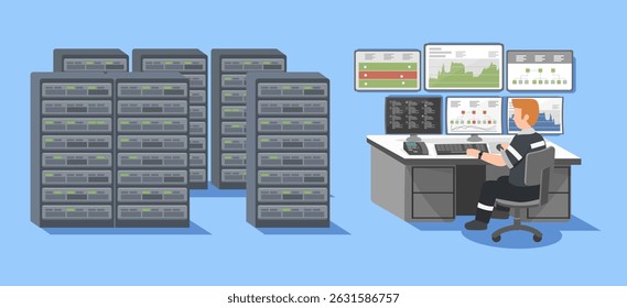 IT specialist monitoring server racks and analyzing system performance dashboards in a modern flat cartoon data center control room blue sky color tone