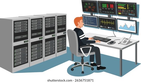 IT specialist monitoring server racks and analyzing system performance dashboards in a modern flat cartoon data center control room blue sky color tone