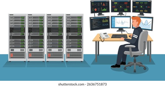 IT specialist monitoring server racks and analyzing system performance dashboards in a modern flat cartoon data center control room blue sky color tone