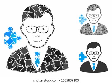 Specialist mosaic of unequal elements in different sizes and color tones, based on specialist icon. Vector humpy elements are organized into collage. Specialist icons collage with dotted pattern.