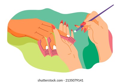 Specialist with nail polish and tools making manicure for client. Extensions and coloring, style and beauty in spa salon. Treatment and relaxation, wellness and therapy at manicurist. Vector in flat