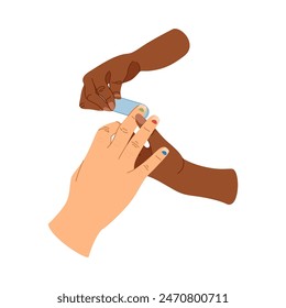 Spezialist mit Nagelwerkzeugen, die Maniküre für den Kunden machen. Maniküre, die Nägel mit einer Datei ablegt. Vektorgrafik im flachen Stil. Männliche Maniküre, trendige Nägel. Wellness und Therapie bei Maniküre.