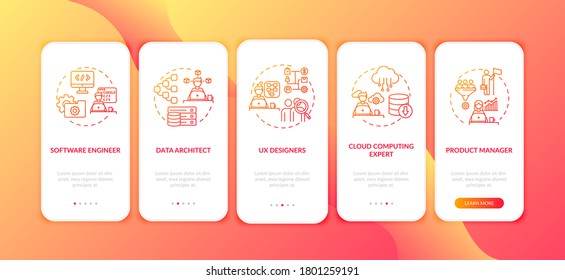 IT specialist onboarding mobile app page screen with concepts. Professional software developer walkthrough 5 steps graphic instructions. UI vector template with RGB color illustrations