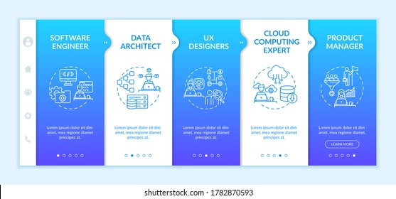 IT specialist onboarding vector template. Software engineer. Data architect. UX designer. Product manager. Responsive mobile website with icons. Webpage walkthrough step screens. RGB color concept