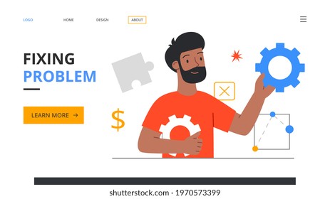 IT specialist, pc technician, web developer or programmer male character fixig the problem concept. Flat cartoon outline minimal style vector illustration. Website, web page, landing page template