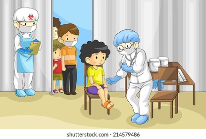 Specialist physician doctor is examining group of people and children boy with virus ebola disease on hospital quarantine zone in full protection to prevent epidemic, create by cartoon vector 