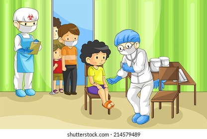 Specialist physician doctor is examining group of people and children with virus ebola disease on hospital quarantine zone in full protection to prevent epidemic, create by cartoon vector 