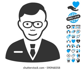 Specialist pictograph with bonus passion design elements. Vector illustration style is flat iconic blue and gray symbols on white background.