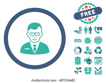 Specialist pictograph with free bonus elements. Vector illustration style is flat iconic bicolor symbols, cobalt and cyan colors, white background.