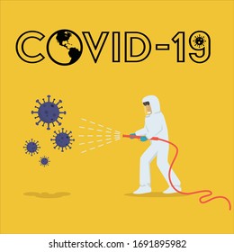 a specialist in protection suit using chemical or medicine inject to kill the virus in character cartoon on yellow background 