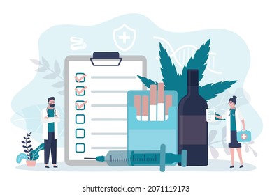 Specialist provide help for people with addictions. Doctors treat drug and alcohol addiction. Narcologist prescribed treatment for patient. Narcological center helps drug addicts. Vector illustration