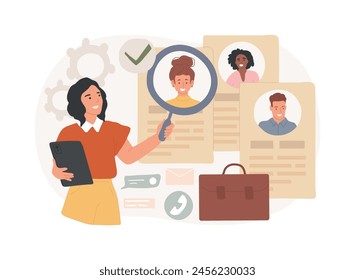 Reclutamiento de especialistas en Ilustración vectorial de conceptos aislados. Proceso de RRHH, especialista en contratación, profesional de reclutamiento, recursos humanos de la empresa, búsqueda de personal, concepto de Vector de adquisición de talento.