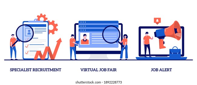 Specialist recruitment, virtual job fair, job alert concept with tiny people. Headhunting vector illustration set. Human resources, digital hr, job offer, work opportunity information metaphor.