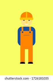 Specialist repairman in helmet and work clothes. Construction and repair. Repairman for refrigerators and washing machines. Car locksmith's workshop. Template for text.
