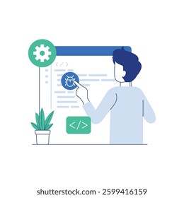 IT specialist searching for bugs using functional methods. Code testing and debugging flat vector illustration