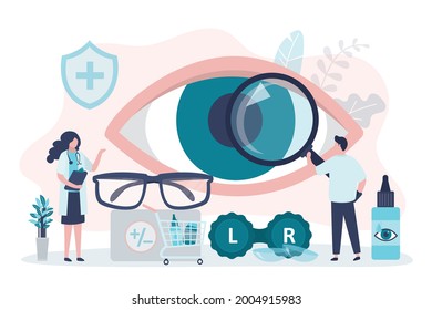 Specialist selects glasses or contact lenses for client. Different assortment of goods in optics store. Man with magnifying face examine eye. Concept of ophthalmic shop, eye care. Vector illustration
