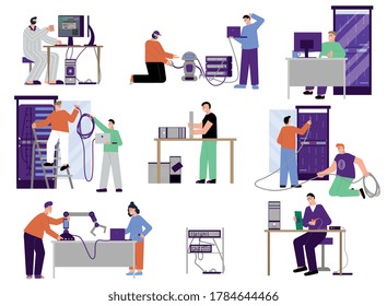 It specialist set of flat isolated icons characters of programmers technicians and servers with personal computers vector illustration