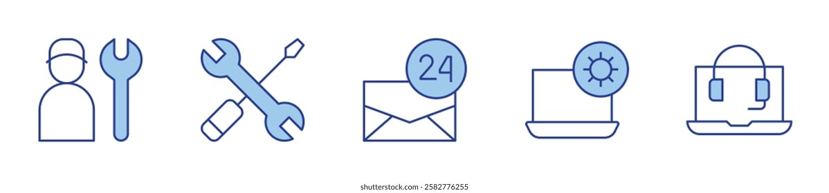 specialist, settings, service, mail, laptop. Support Icon vector illustration. Line Duotone style. Editable stroke.