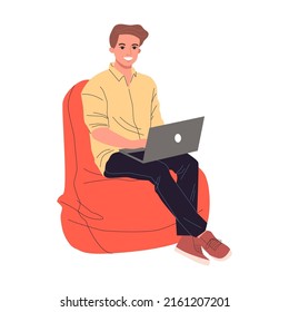 Specialist sits in chair with laptop on his lap, vector illustration. Business process Teamwork, efficiency and company workflow concept