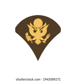 Specialist SPC soldier military rank insignia with eagle shield isolated. Vector insignia of soldier staff. Military sign on police uniform, United States armed forces army chevron with eagle heraldry
