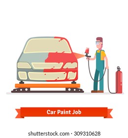 Specialist spray painting auto body at car collision repair shop. Flat style vector illustration isolated on white background.