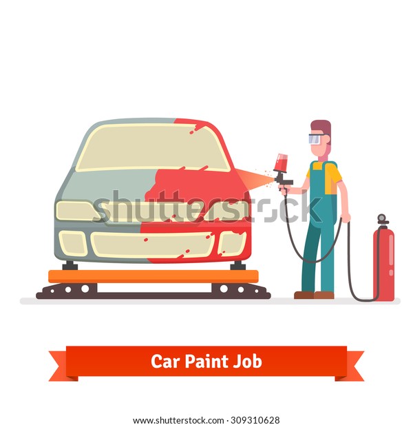 Specialist spray painting auto body at car\
collision repair shop. Flat style vector illustration isolated on\
white background.