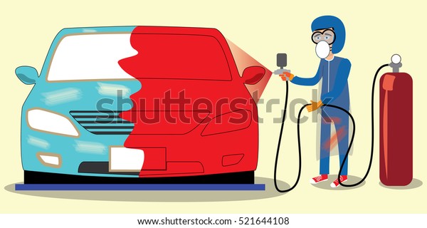 Specialist spray painting\
auto body at car collision repair shop. Flat style vector\
illustration wide\
style