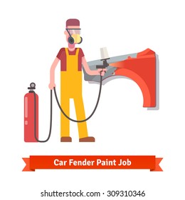 Specialist Spray Painting Auto Fender Part At The Car Collision Repair Shop. Flat Style Vector Illustration Isolated On White Background.