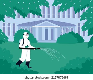El especialista rocia la cubierta de hierba con una solución de garrapatas. Esparcimiento de microgota de la solución mediante un pulverizador de superficie motorizado en mochila. Ilustración vectorial plana.