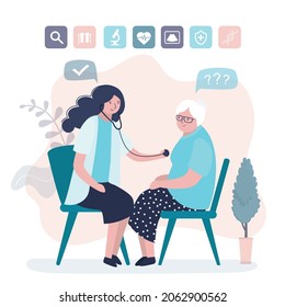 Specialist with stethoscope listens to patient's heartbeat. Elderly woman at reception of therapist. Grandmother came for medical examination. Grandma consults with doctor. Flat vector illustration