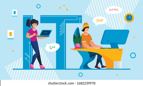 It Specialist Team. Technical Service and Support Advertisement. Man and Woman Programmer, Designer, System Administrator Brainstorming, Coding, Computing HTML Language. Vector Illustration